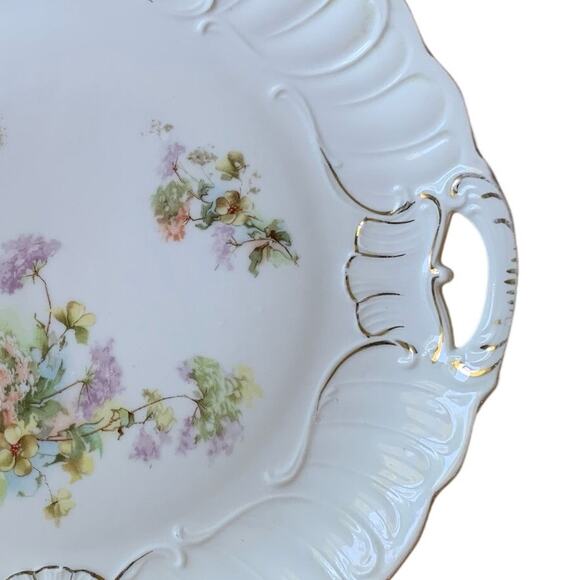 Vintage Floral White/Gold 10" Serving Plate w/Pierced Handles Textured Rim - Picture 6 of 13